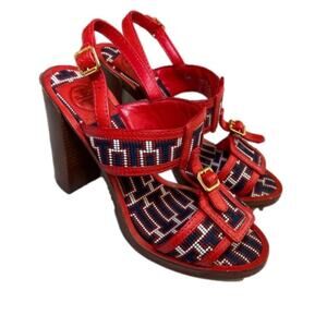 Tory Burch Florian Woven Leather  Red/Navy/White 4.25” Block Heel Sandal Size 8M